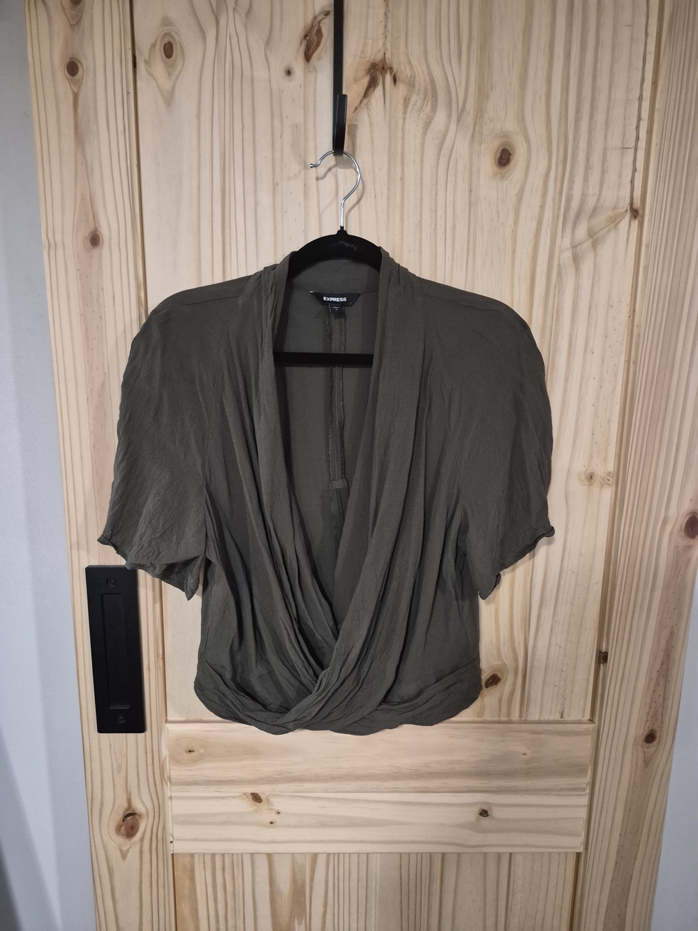 Express Olive Draped Short Sleeve Wrap Blouse